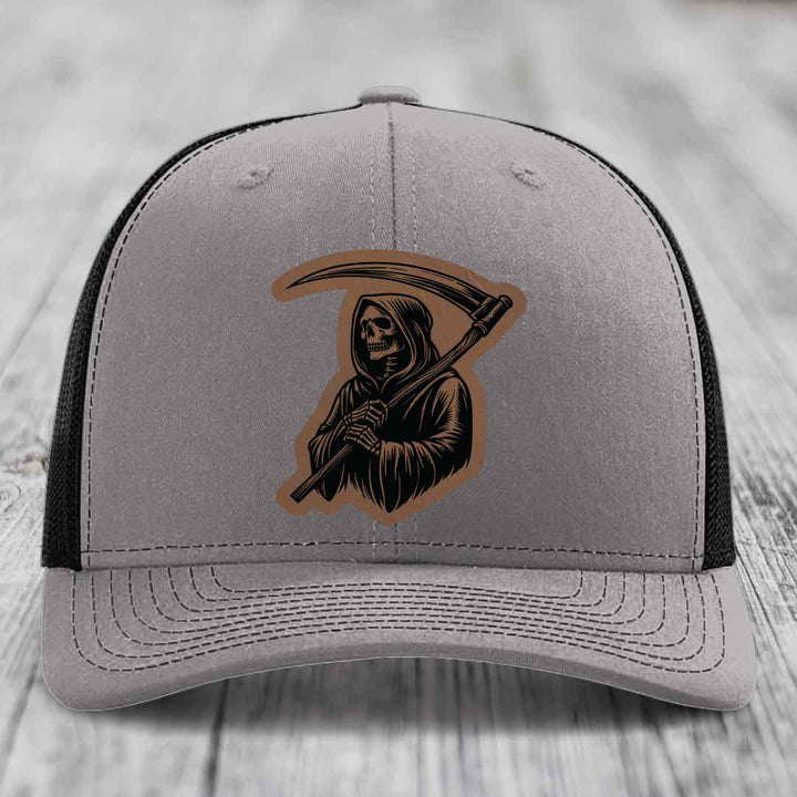 Grim Reaper - Leather Patch Hat - Dark Brown to Black Patch - Richardson 112 Snapback Trucker Hat