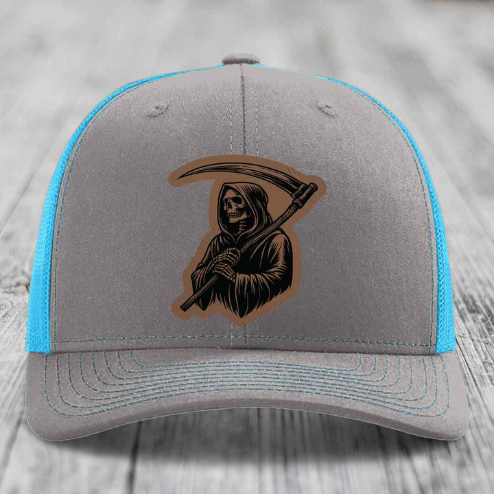 Grim Reaper - Leather Patch Hat - Dark Brown to Black Patch - Richardson 112 Snapback Trucker Hat