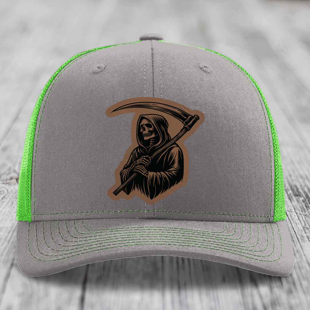 Grim Reaper - Leather Patch Hat - Dark Brown to Black Patch - Richardson 112 Snapback Trucker Hat