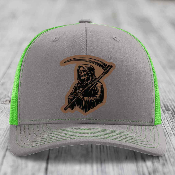 Grim Reaper - Leather Patch Hat - Dark Brown to Black Patch - Richardson 112 Snapback Trucker Hat