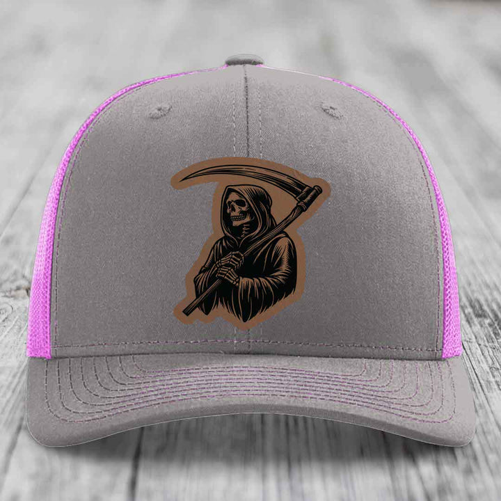 Grim Reaper - Leather Patch Hat - Dark Brown to Black Patch - Richardson 112 Snapback Trucker Hat