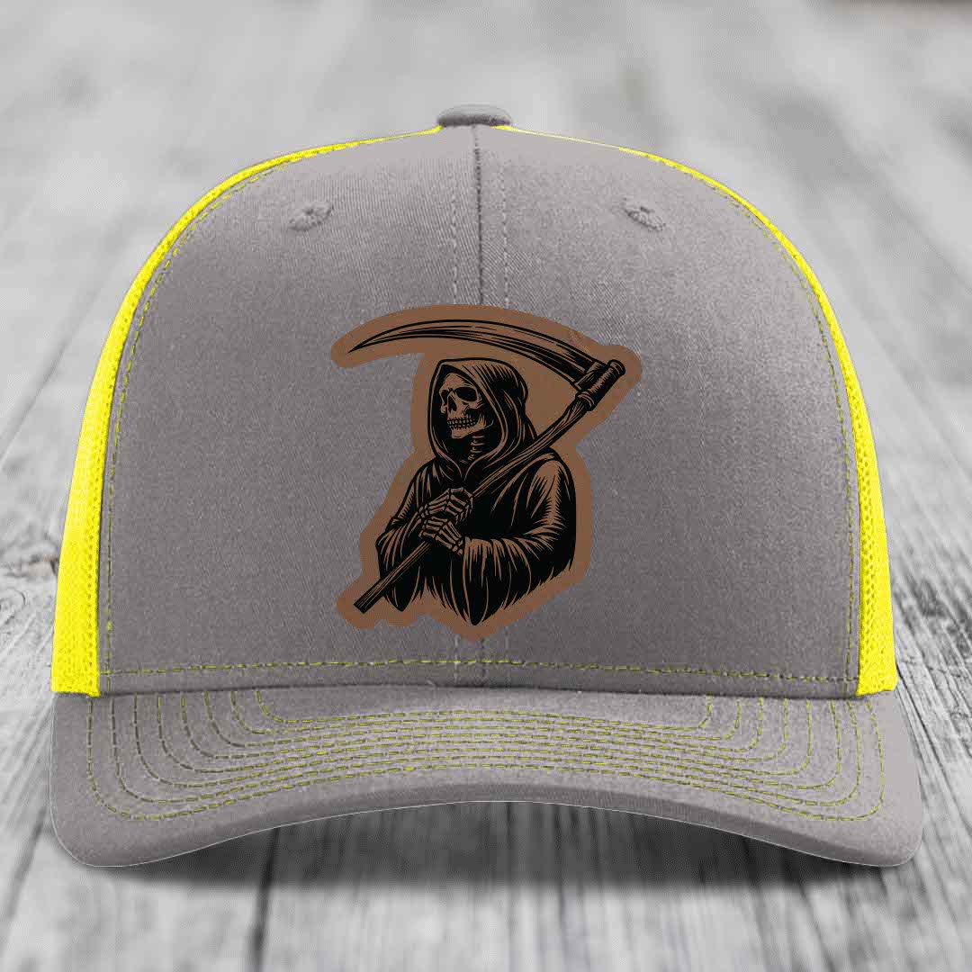 Grim Reaper - Leather Patch Hat - Dark Brown to Black Patch - Richardson 112 Snapback Trucker Hat