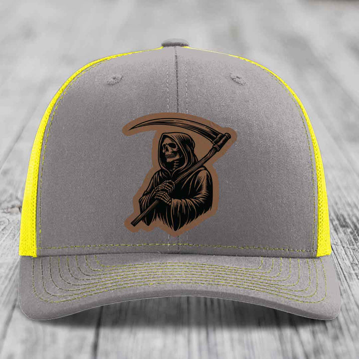 Grim Reaper - Leather Patch Hat - Dark Brown to Black Patch - Richardson 112 Snapback Trucker Hat