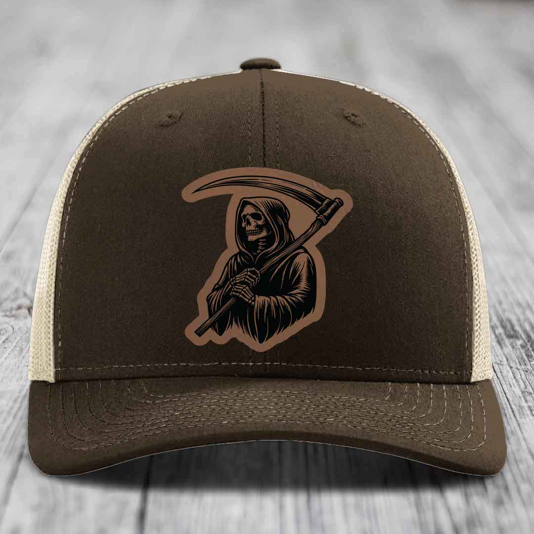 Grim Reaper - Leather Patch Hat - Dark Brown to Black Patch - Richardson 112 Snapback Trucker Hat