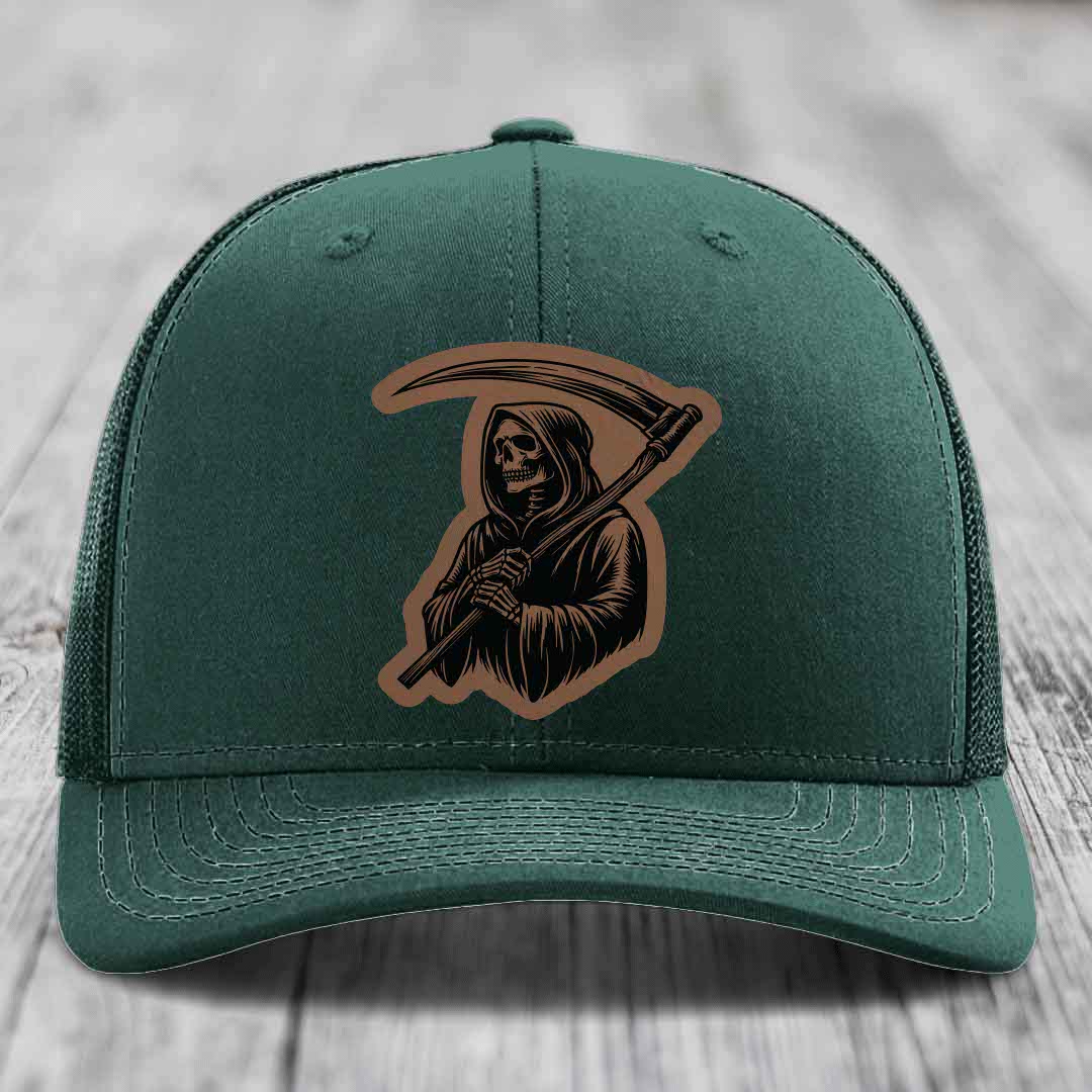 Grim Reaper - Leather Patch Hat - Dark Brown to Black Patch - Richardson 112 Snapback Trucker Hat