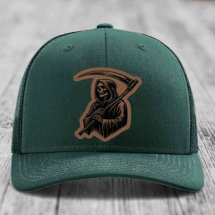 Grim Reaper - Leather Patch Hat - Dark Brown to Black Patch - Richardson 112 Snapback Trucker Hat