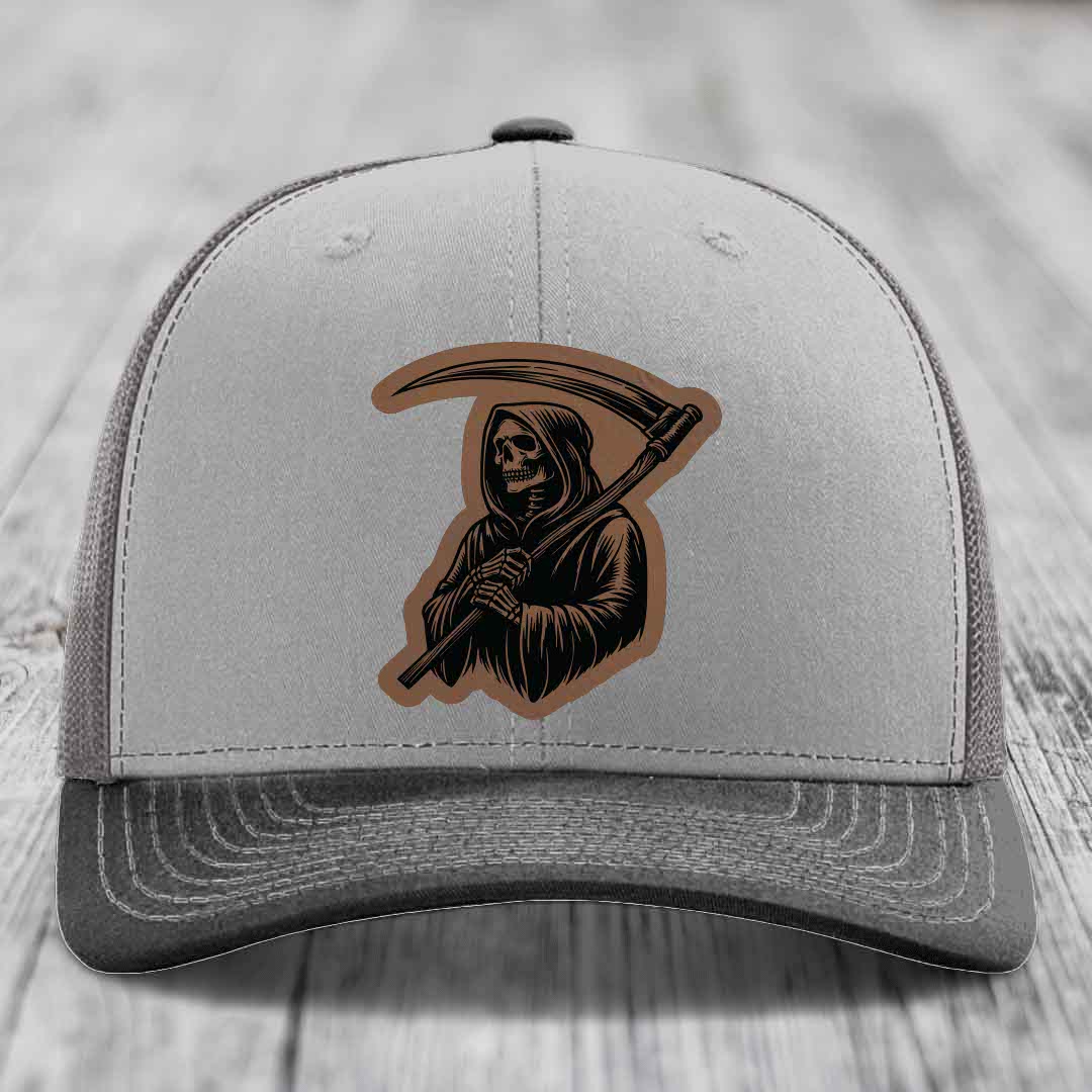 Grim Reaper - Leather Patch Hat - Dark Brown to Black Patch - Richardson 112 Snapback Trucker Hat