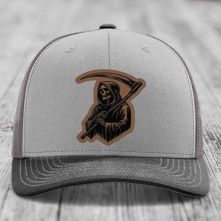 Grim Reaper - Leather Patch Hat - Dark Brown to Black Patch - Richardson 112 Snapback Trucker Hat
