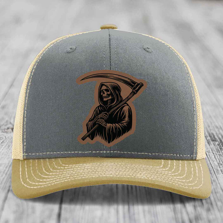 Grim Reaper - Leather Patch Hat - Dark Brown to Black Patch - Richardson 112 Snapback Trucker Hat