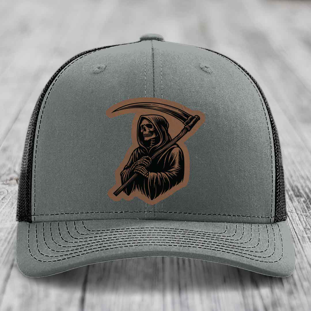 Grim Reaper - Leather Patch Hat - Dark Brown to Black Patch - Richardson 112 Snapback Trucker Hat