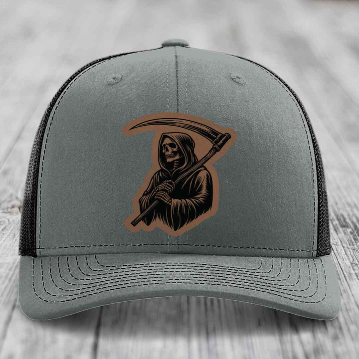 Grim Reaper - Leather Patch Hat - Dark Brown to Black Patch - Richardson 112 Snapback Trucker Hat