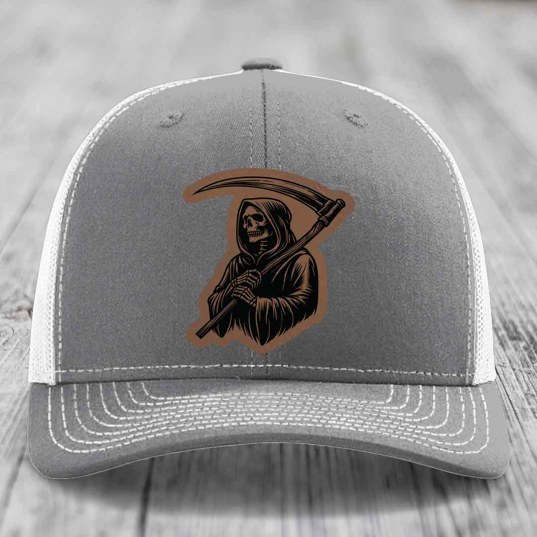 Grim Reaper - Leather Patch Hat - Dark Brown to Black Patch - Richardson 112 Snapback Trucker Hat