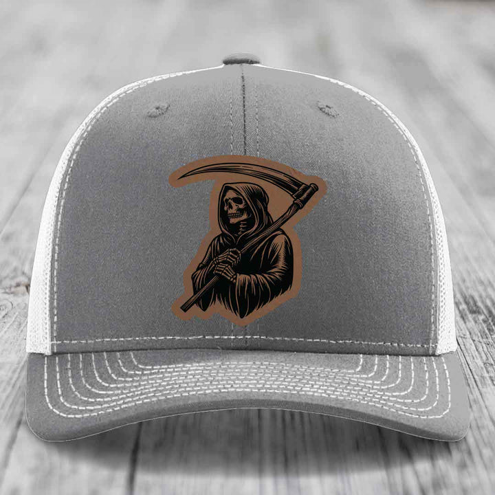 Grim Reaper - Leather Patch Hat - Dark Brown to Black Patch - Richardson 112 Snapback Trucker Hat