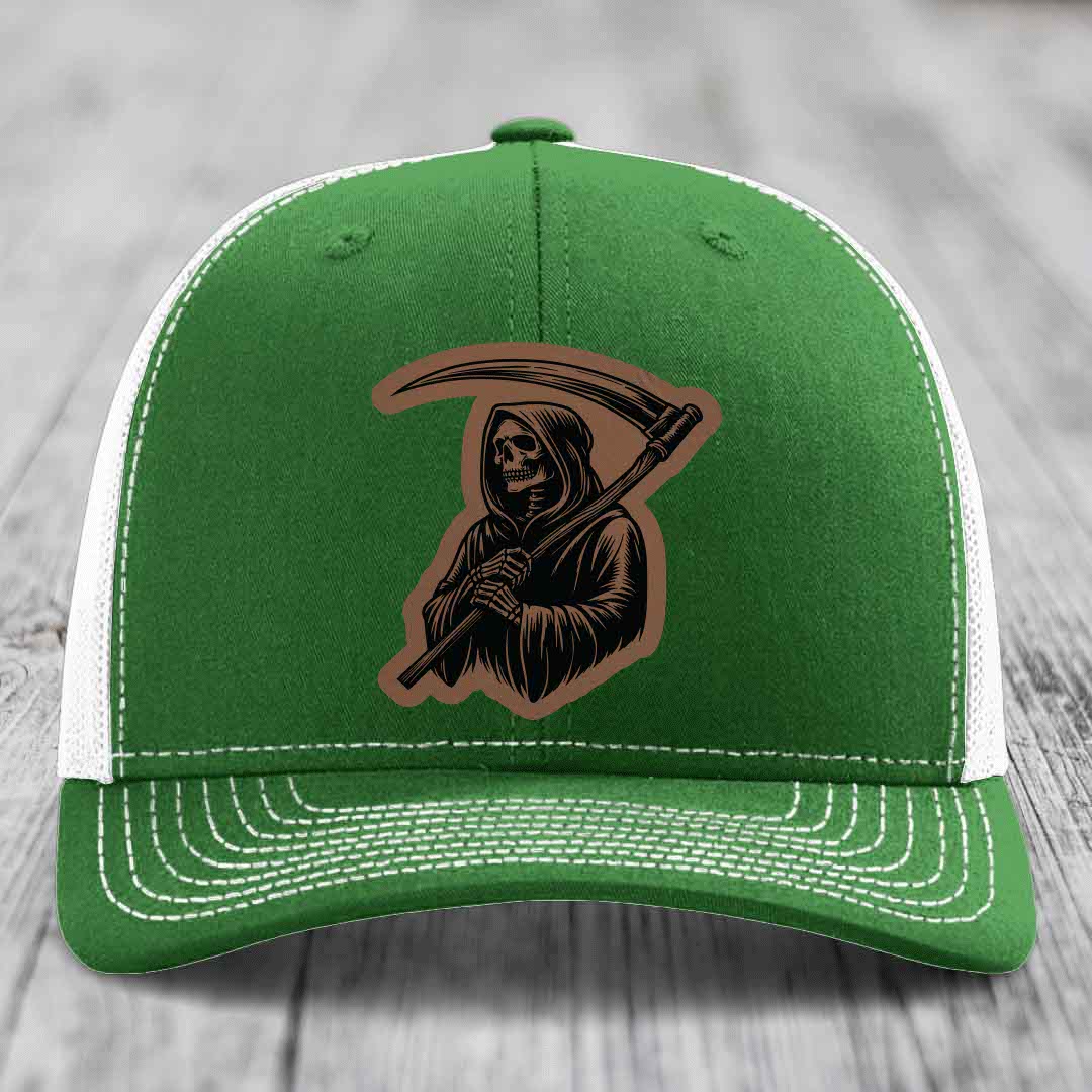 Grim Reaper - Leather Patch Hat - Dark Brown to Black Patch - Richardson 112 Snapback Trucker Hat