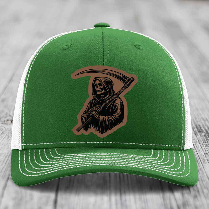 Grim Reaper - Leather Patch Hat - Dark Brown to Black Patch - Richardson 112 Snapback Trucker Hat