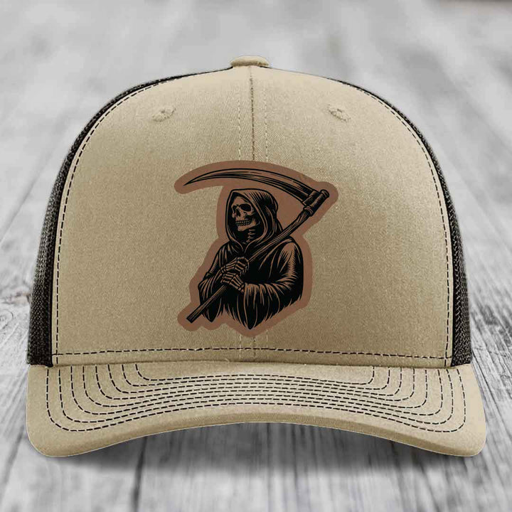 Grim Reaper - Leather Patch Hat - Dark Brown to Black Patch - Richardson 112 Snapback Trucker Hat