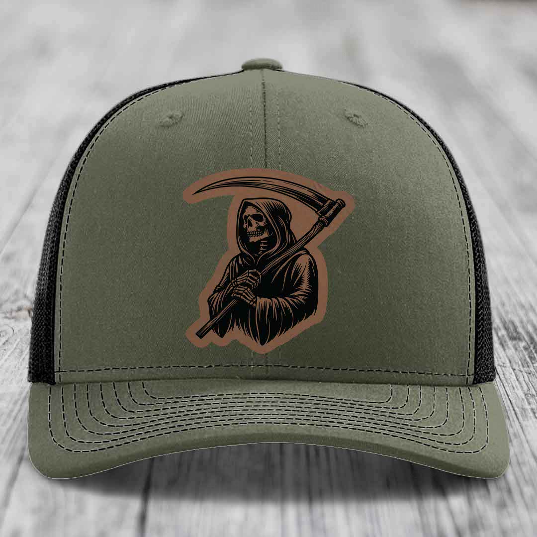 Grim Reaper - Leather Patch Hat - Dark Brown to Black Patch - Richardson 112 Snapback Trucker Hat