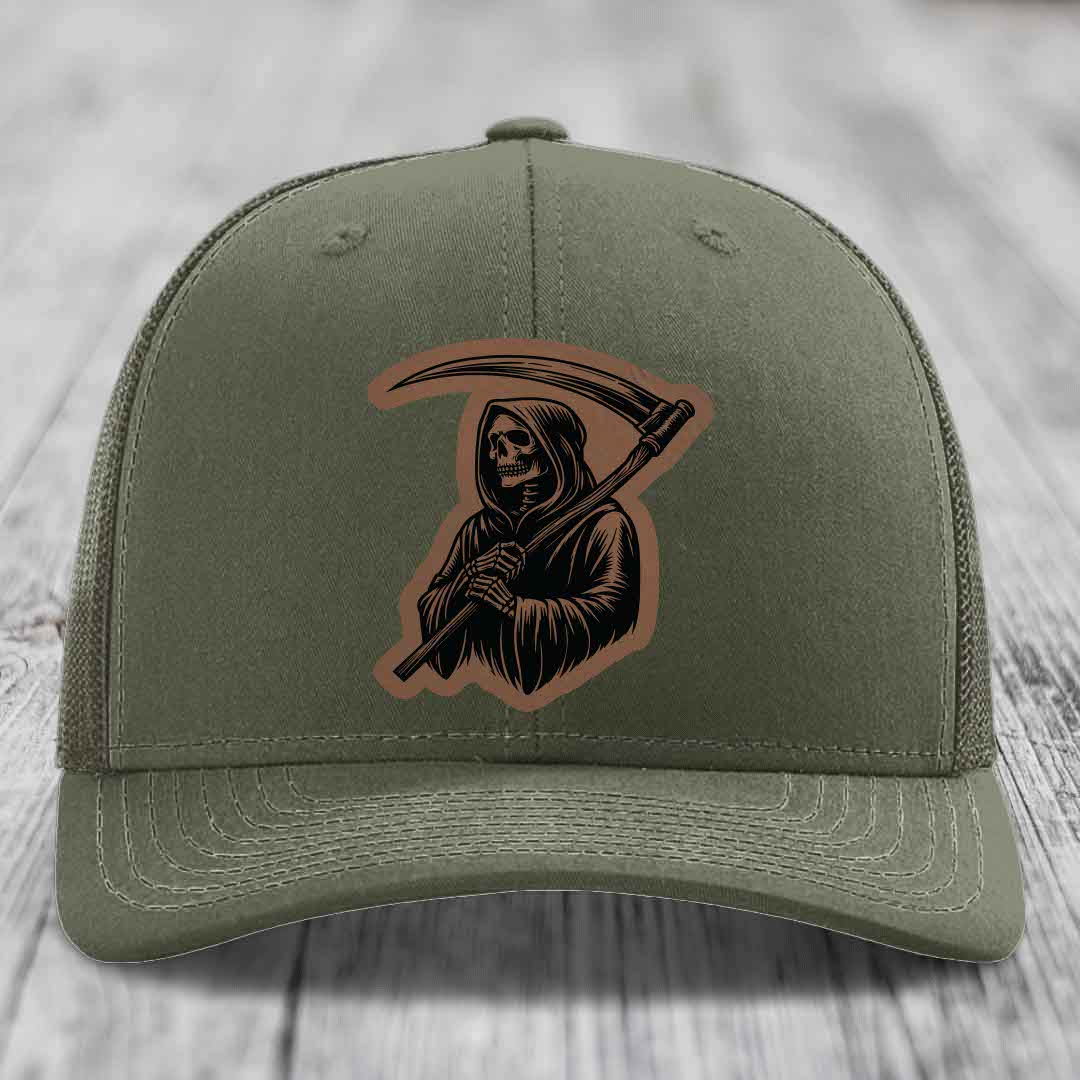 Grim Reaper - Leather Patch Hat - Dark Brown to Black Patch - Richardson 112 Snapback Trucker Hat