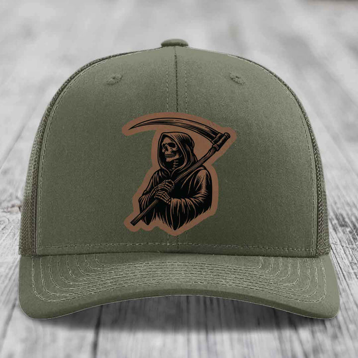 Grim Reaper - Leather Patch Hat - Dark Brown to Black Patch - Richardson 112 Snapback Trucker Hat