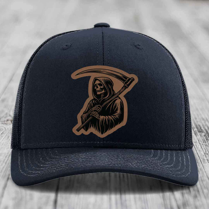Grim Reaper - Leather Patch Hat - Dark Brown to Black Patch - Richardson 112 Snapback Trucker Hat