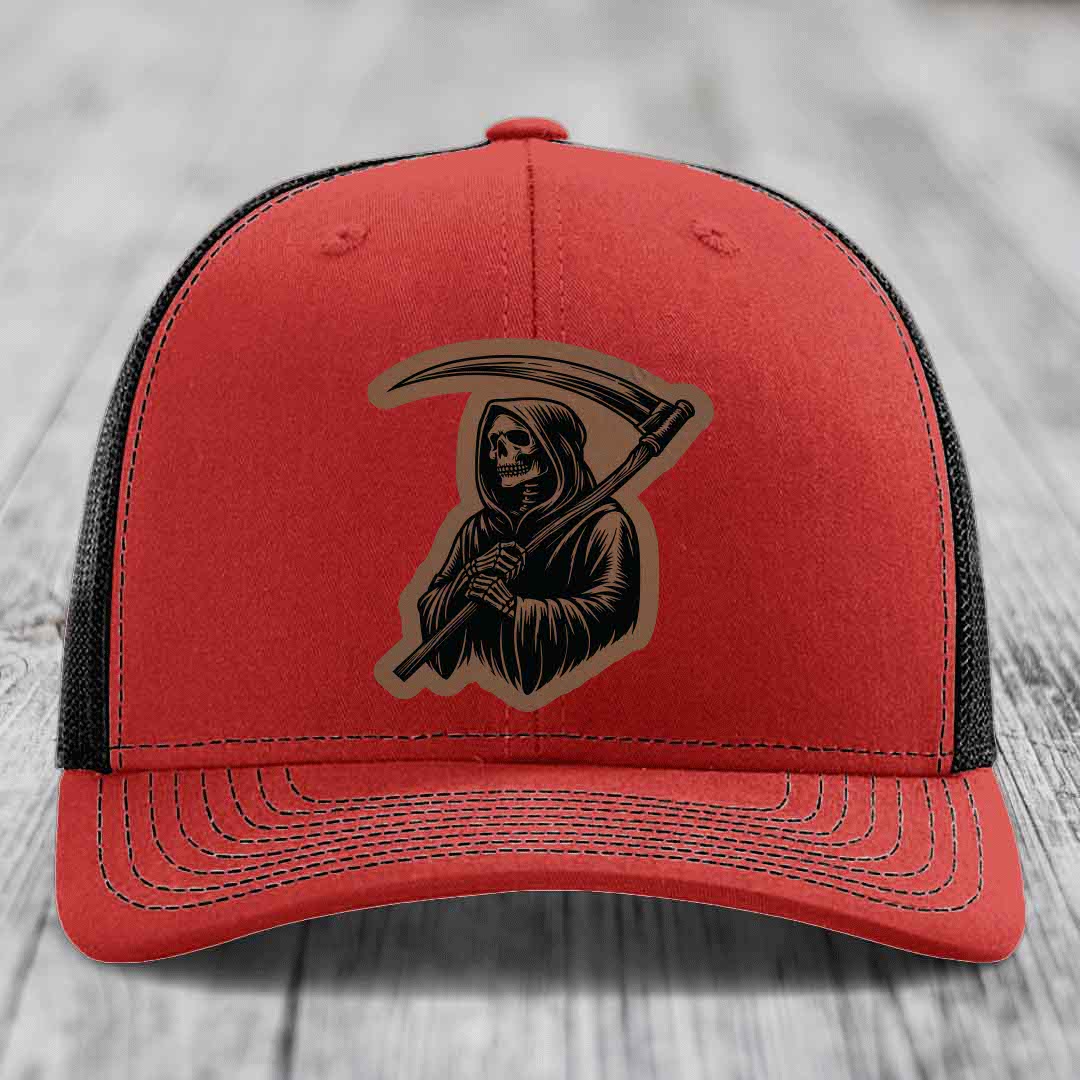 Grim Reaper - Leather Patch Hat - Dark Brown to Black Patch - Richardson 112 Snapback Trucker Hat