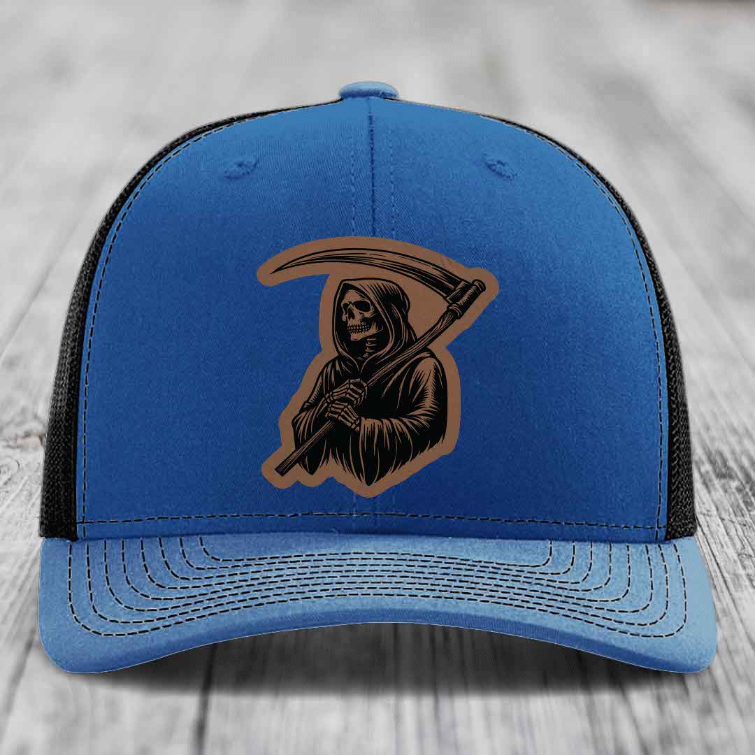 Grim Reaper - Leather Patch Hat - Dark Brown to Black Patch - Richardson 112 Snapback Trucker Hat