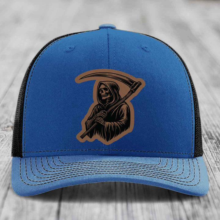Grim Reaper - Leather Patch Hat - Dark Brown to Black Patch - Richardson 112 Snapback Trucker Hat