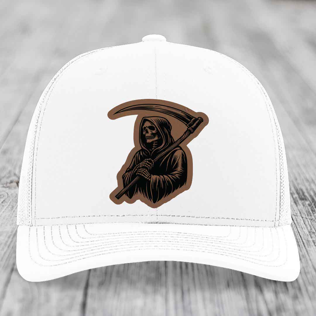 Grim Reaper - Leather Patch Hat - Dark Brown to Black Patch - Richardson 112 Snapback Trucker Hat