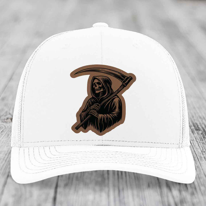 Grim Reaper - Leather Patch Hat - Dark Brown to Black Patch - Richardson 112 Snapback Trucker Hat