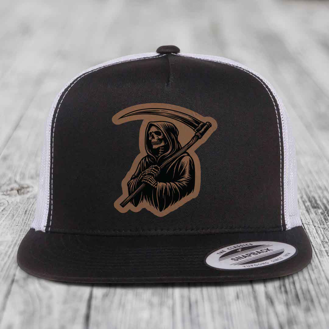 Grim Reaper - Leather Patch Hat - Dark Brown to Black Patch - Yupoong 6006 Snapback Flatbill Hat
