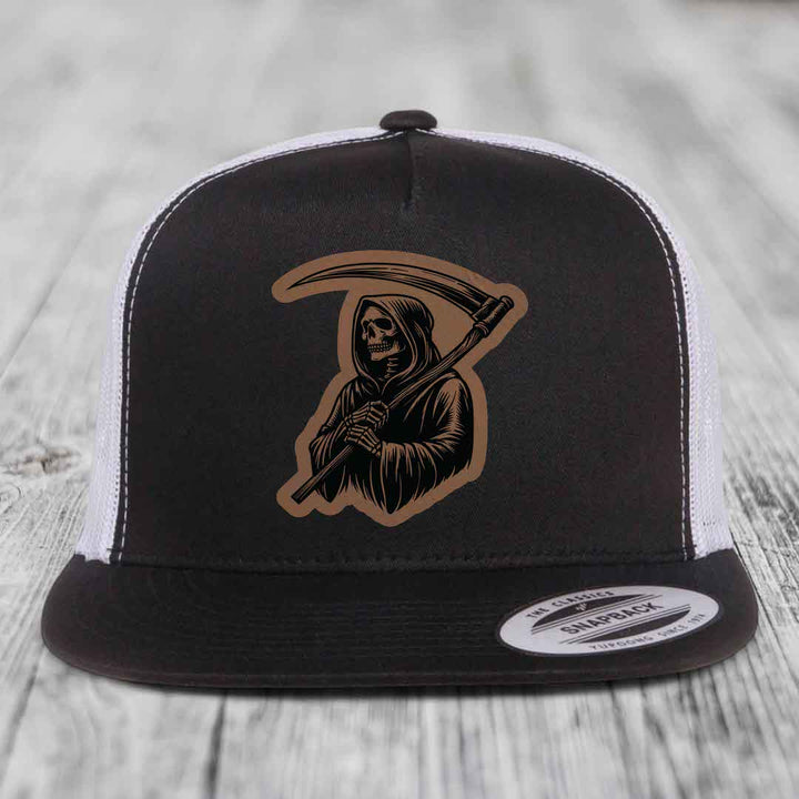 Grim Reaper - Leather Patch Hat - Dark Brown to Black Patch - Yupoong 6006 Snapback Flatbill Hat