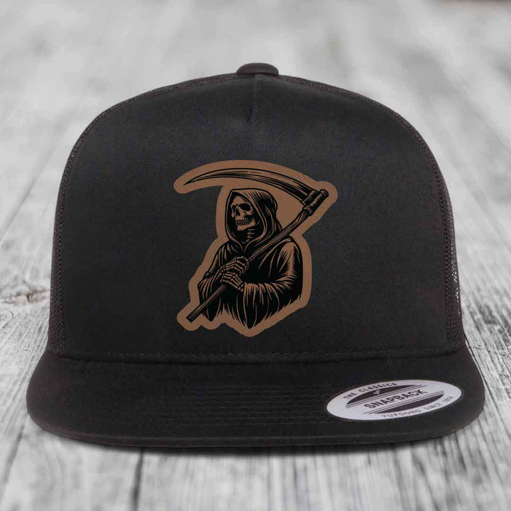 Grim Reaper - Leather Patch Hat - Dark Brown to Black Patch - Yupoong 6006 Snapback Flatbill Hat