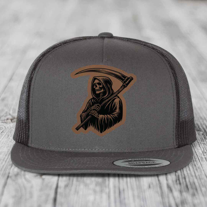 Grim Reaper - Leather Patch Hat - Dark Brown to Black Patch - Yupoong 6006 Snapback Flatbill Hat