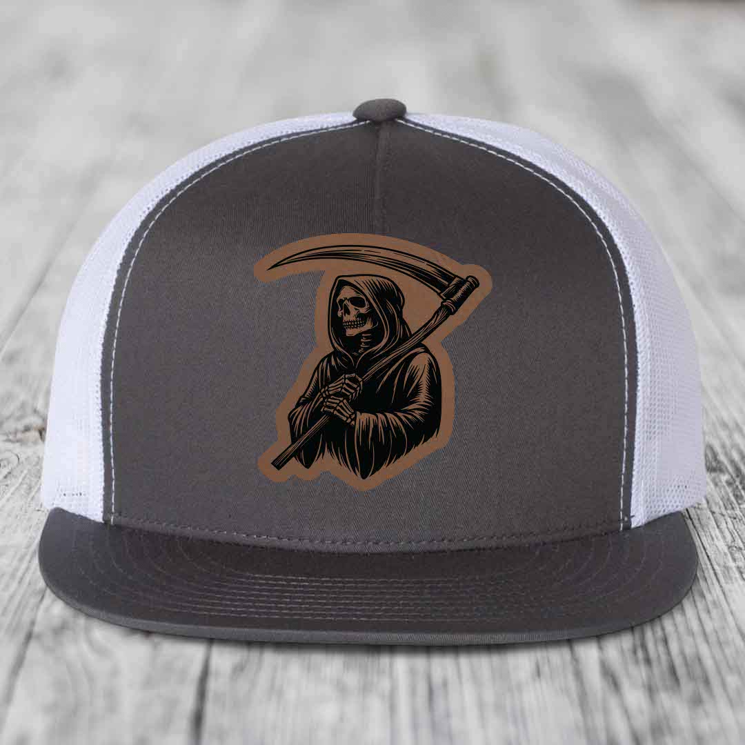 Grim Reaper - Leather Patch Hat - Dark Brown to Black Patch - Yupoong 6006 Snapback Flatbill Hat