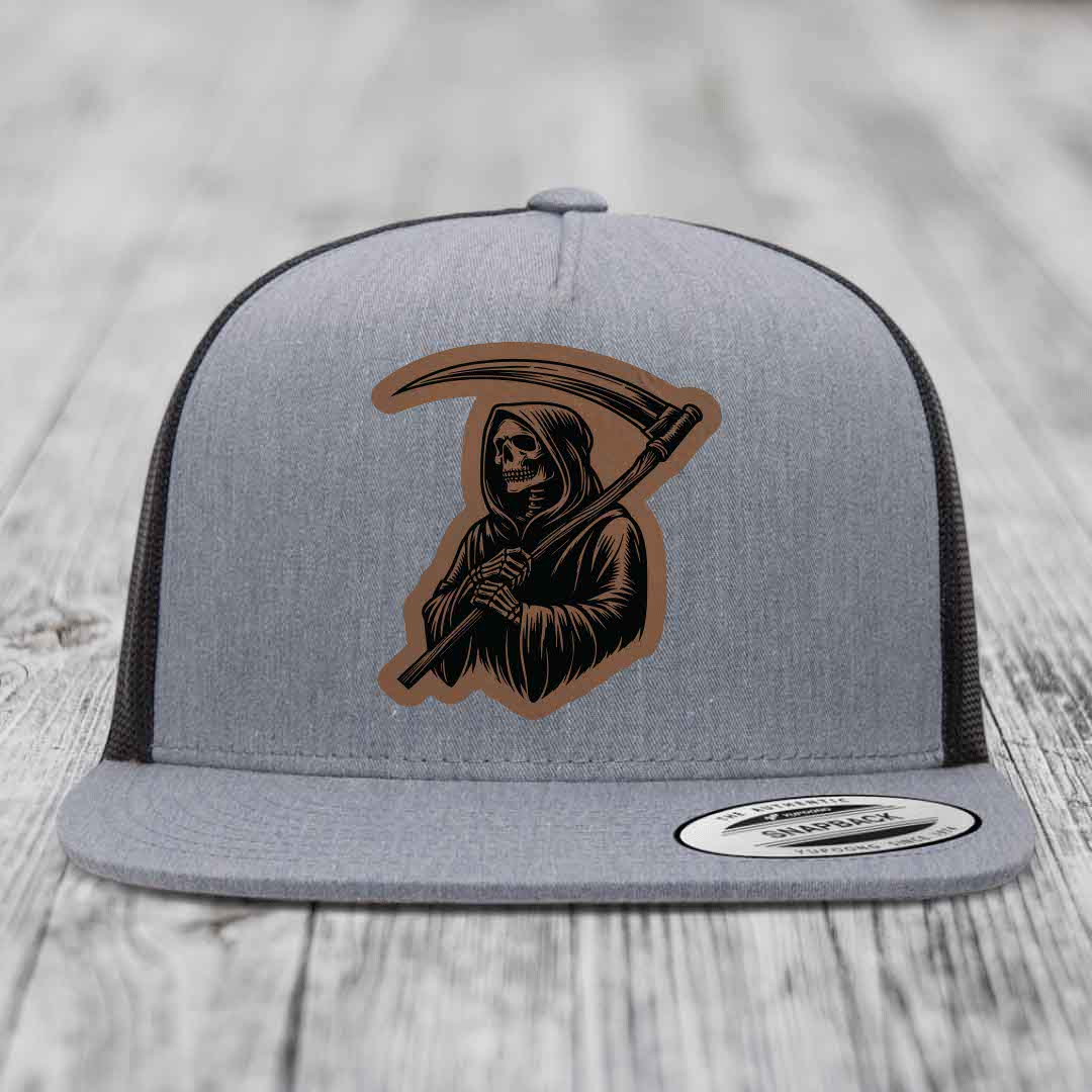 Grim Reaper - Leather Patch Hat - Dark Brown to Black Patch - Yupoong 6006 Snapback Flatbill Hat