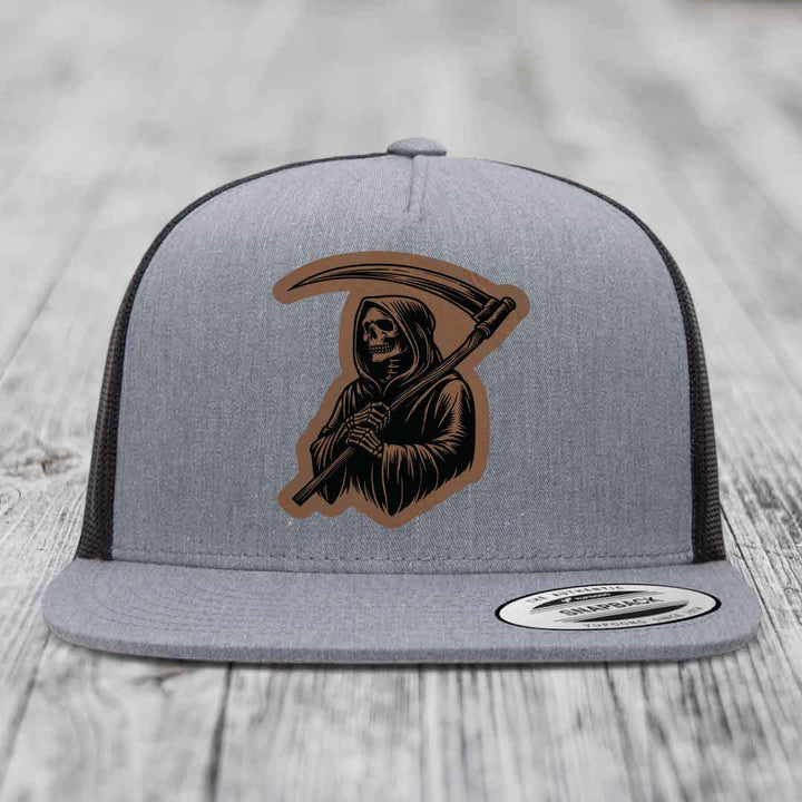 Grim Reaper - Leather Patch Hat - Dark Brown to Black Patch - Yupoong 6006 Snapback Flatbill Hat