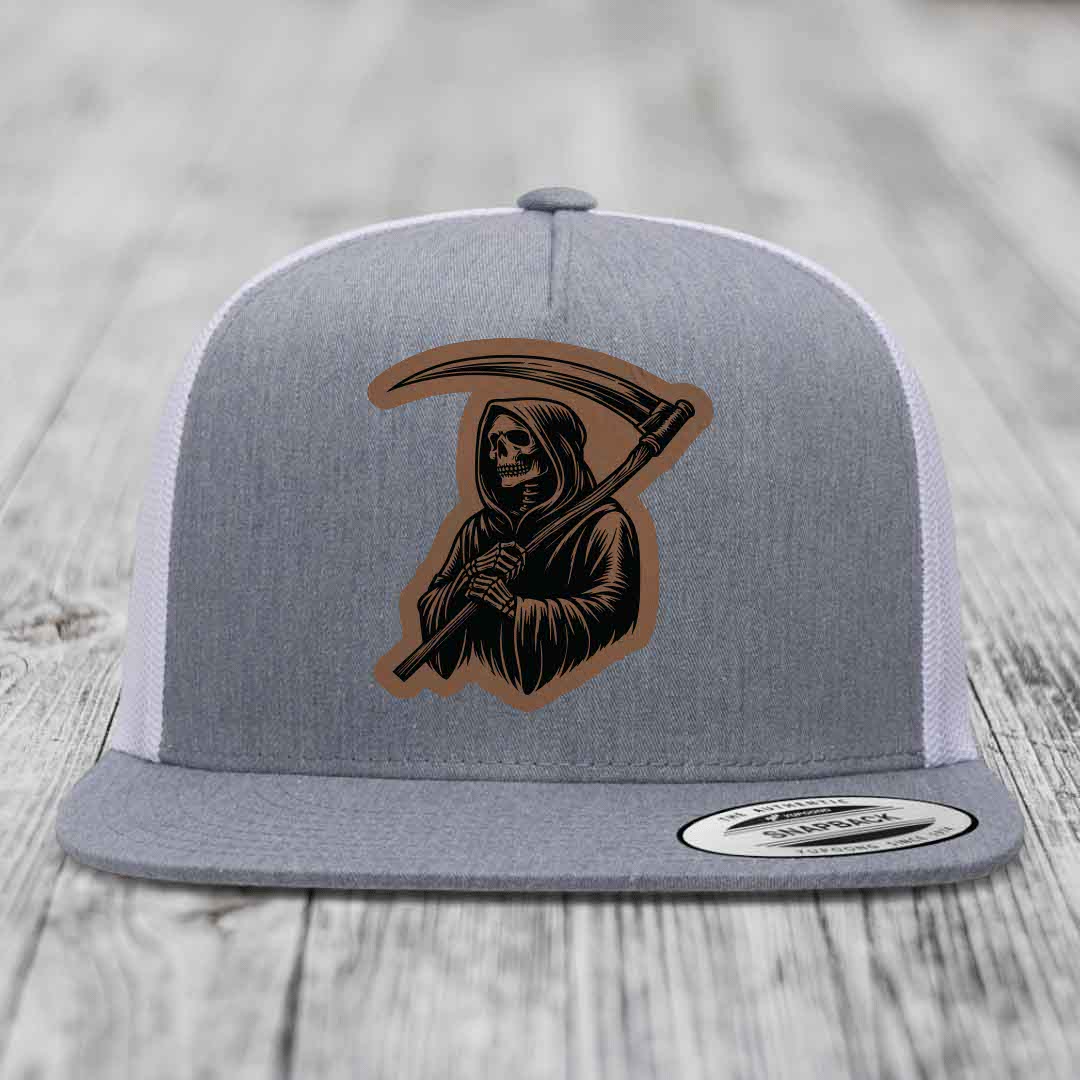 Grim Reaper - Leather Patch Hat - Dark Brown to Black Patch - Yupoong 6006 Snapback Flatbill Hat
