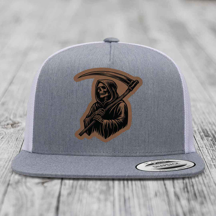 Grim Reaper - Leather Patch Hat - Dark Brown to Black Patch - Yupoong 6006 Snapback Flatbill Hat