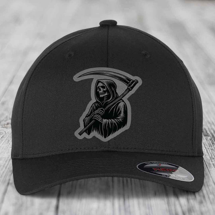 Grim Reaper - Leather Patch Hat - Grey to Black Patch - Flexfit 6277 Fitted Hat