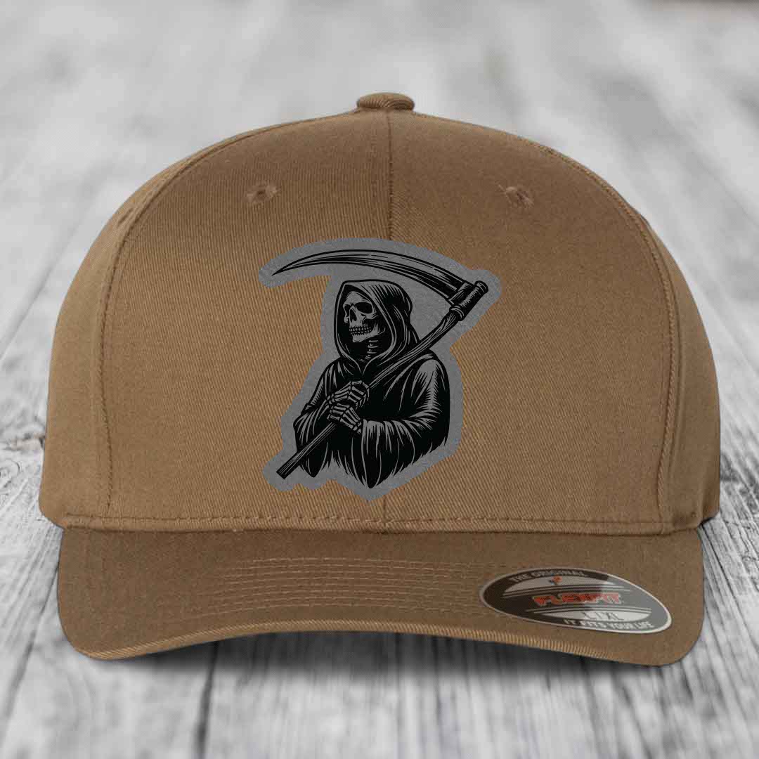 Grim Reaper - Leather Patch Hat - Grey to Black Patch - Flexfit 6277 Fitted Hat