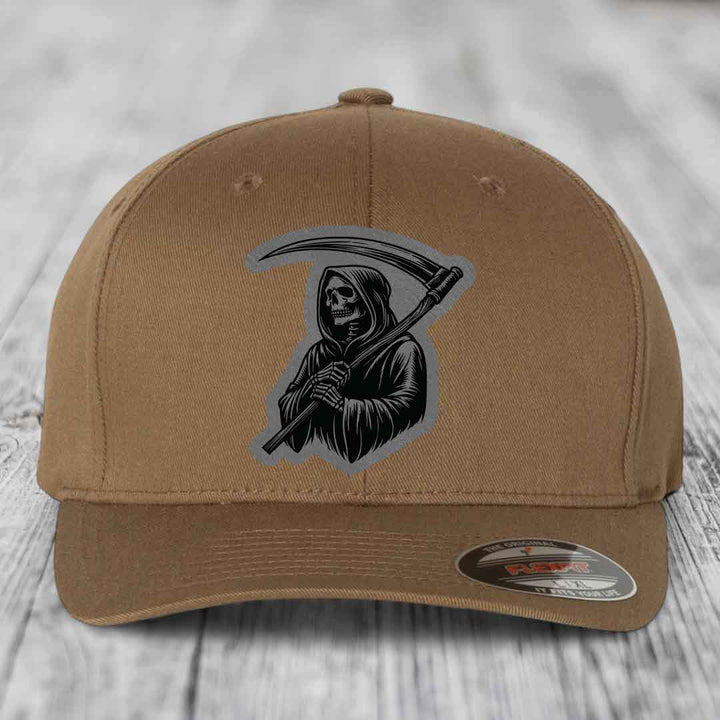 Grim Reaper - Leather Patch Hat - Grey to Black Patch - Flexfit 6277 Fitted Hat