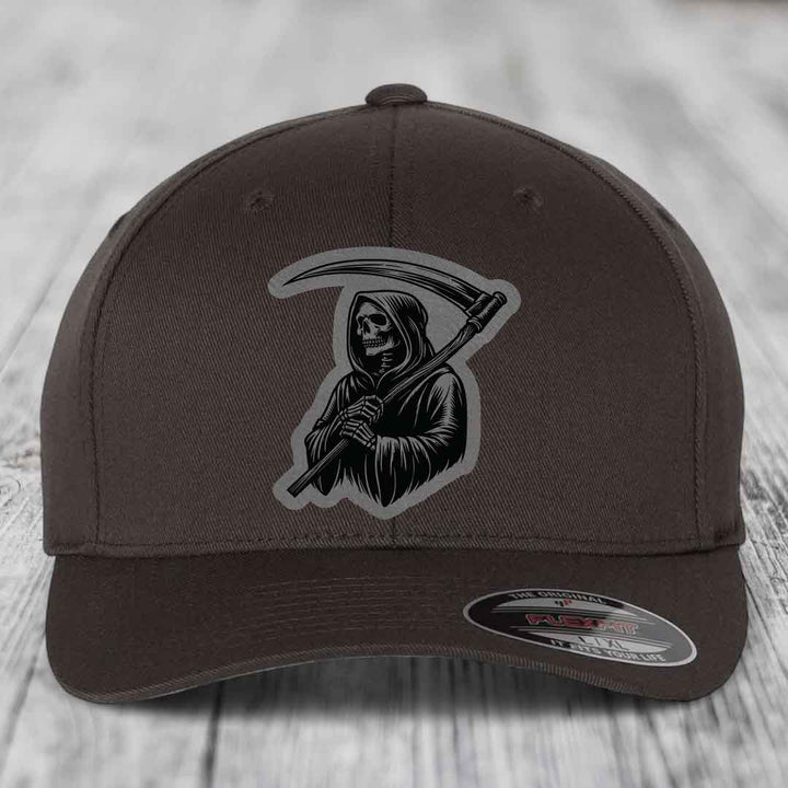 Grim Reaper - Leather Patch Hat - Grey to Black Patch - Flexfit 6277 Fitted Hat