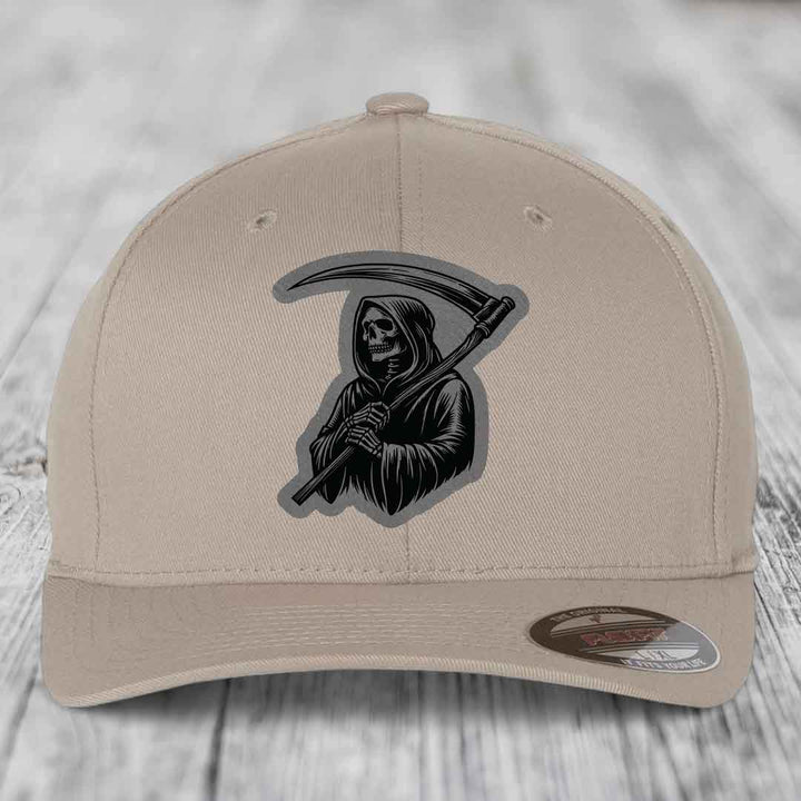 Grim Reaper - Leather Patch Hat - Grey to Black Patch - Flexfit 6277 Fitted Hat