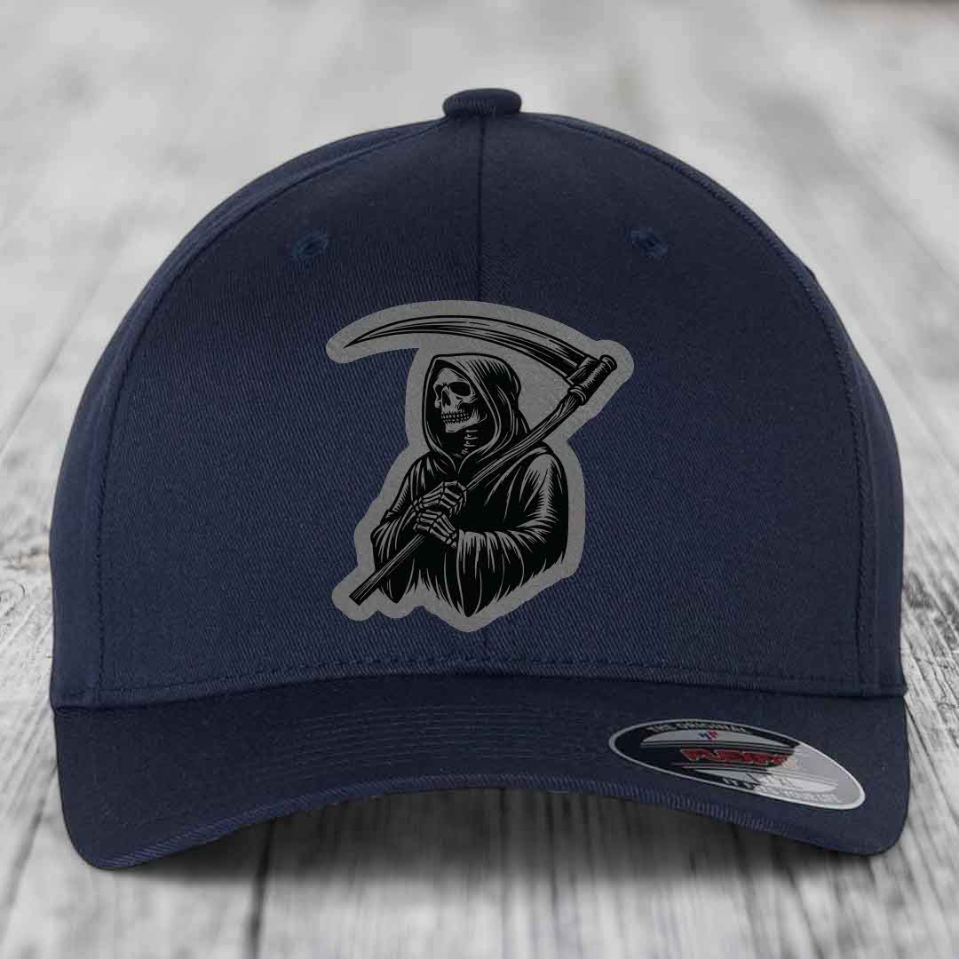 Grim Reaper - Leather Patch Hat - Grey to Black Patch - Flexfit 6277 Fitted Hat