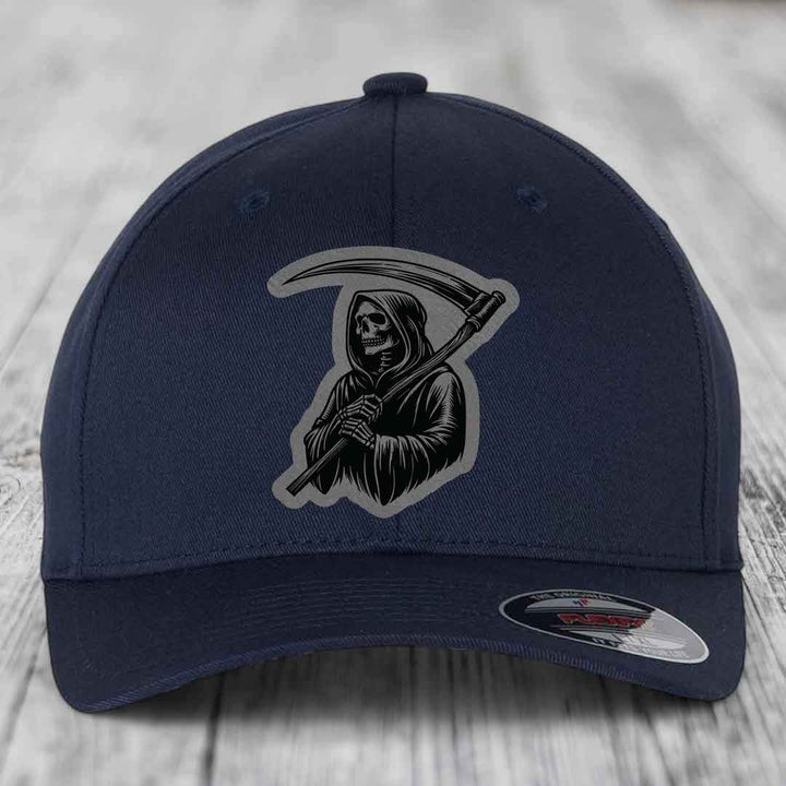 Grim Reaper - Leather Patch Hat - Grey to Black Patch - Flexfit 6277 Fitted Hat