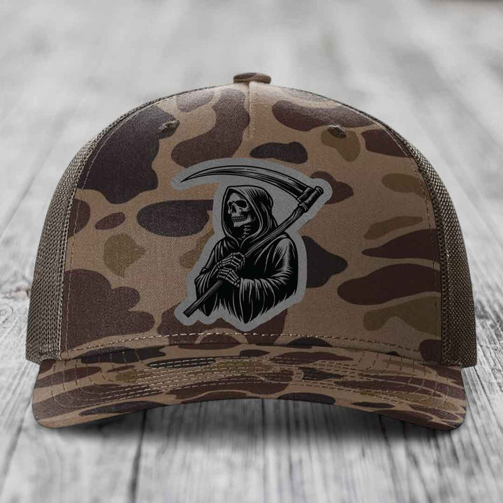 Grim Reaper - Leather Patch Hat - Grey to Black Patch - Richardson 112PFP Snapback Trucker Hat