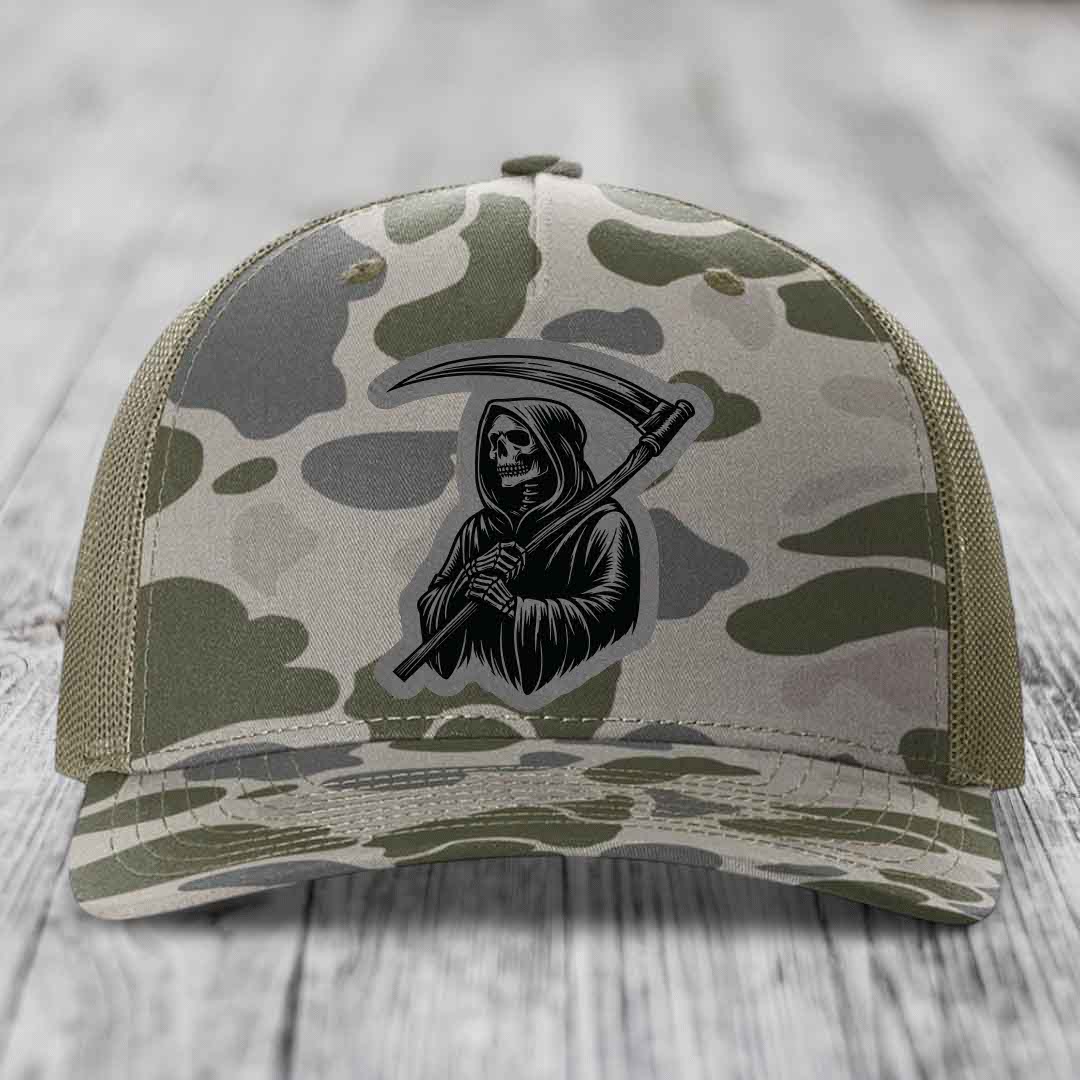 Grim Reaper - Leather Patch Hat - Grey to Black Patch - Richardson 112PFP Snapback Trucker Hat