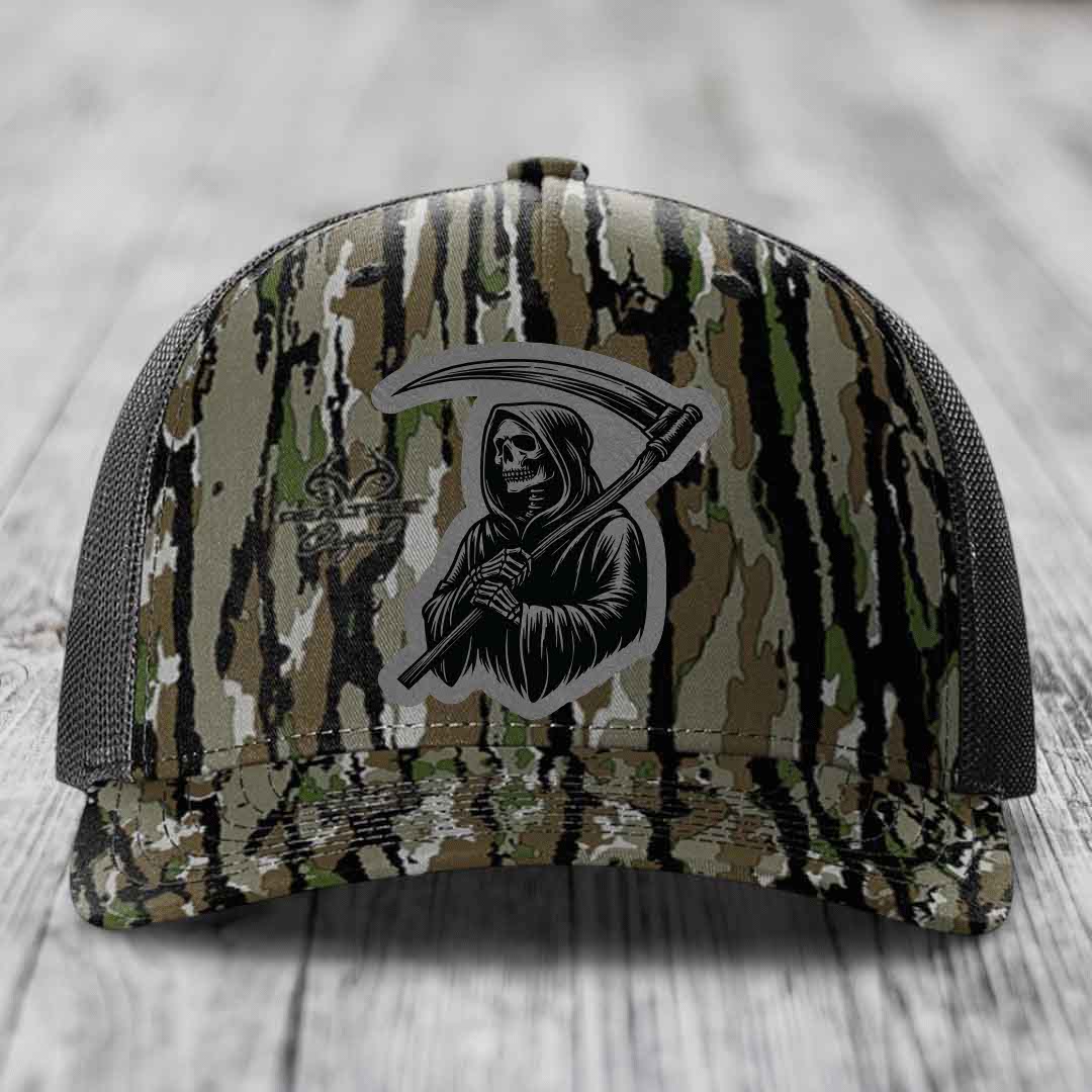Grim Reaper - Leather Patch Hat - Grey to Black Patch - Richardson 112PFP Snapback Trucker Hat