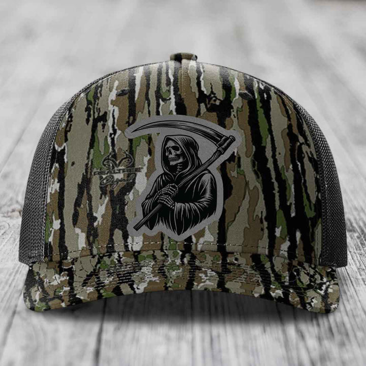Grim Reaper - Leather Patch Hat - Grey to Black Patch - Richardson 112PFP Snapback Trucker Hat