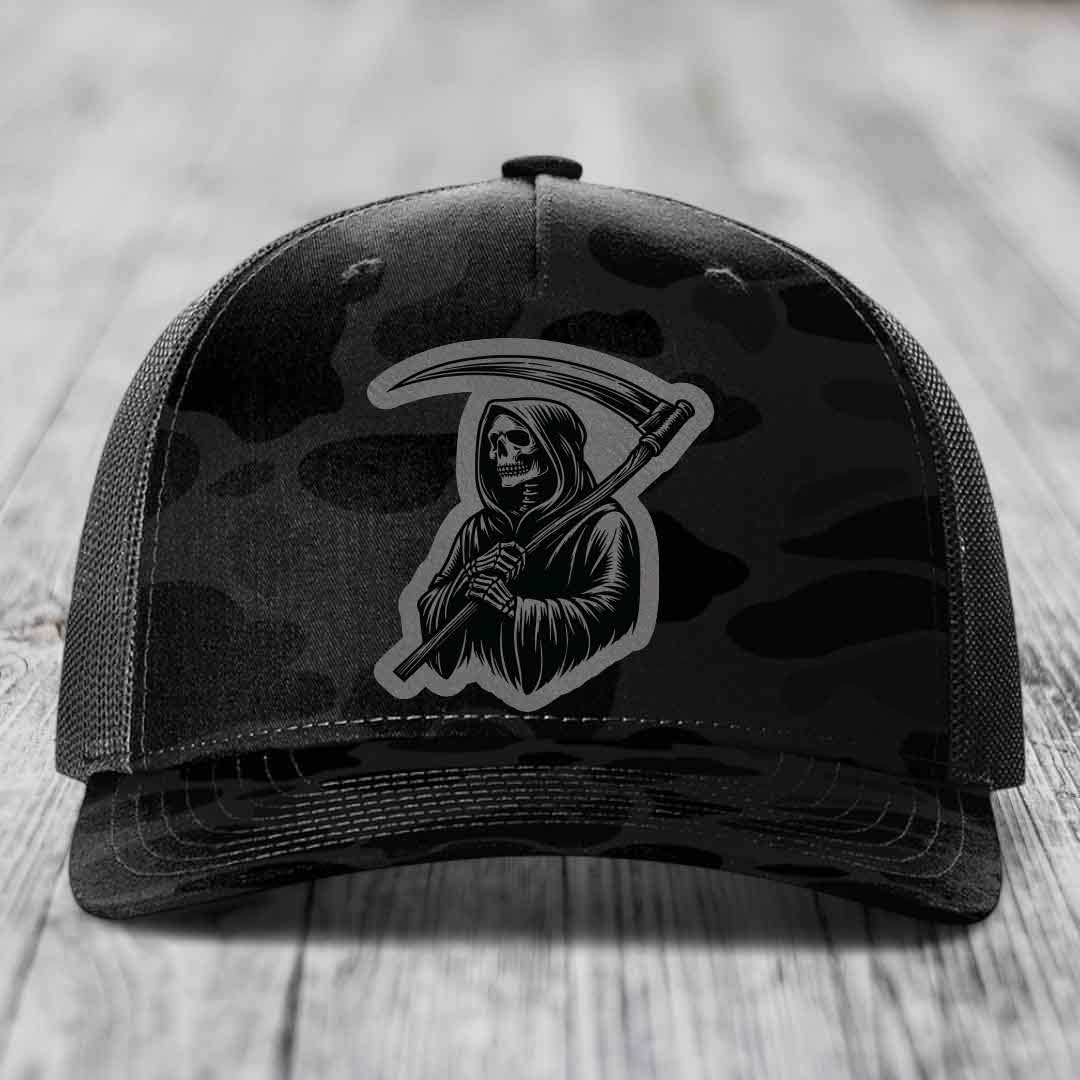 Grim Reaper - Leather Patch Hat - Grey to Black Patch - Richardson 112PFP Snapback Trucker Hat